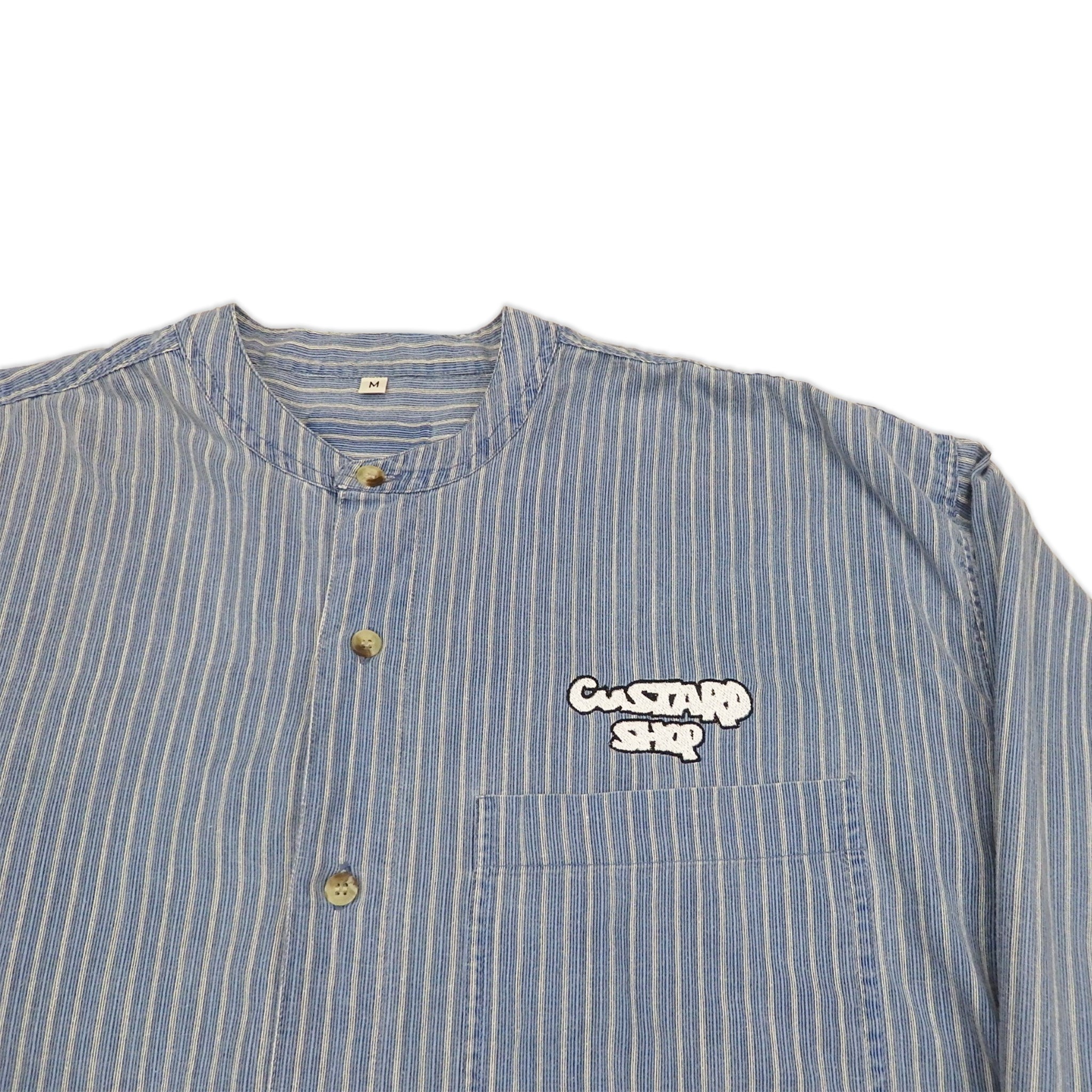 Custard Reclaimed Blue Check Grandad Collar Shirt | Size Medium