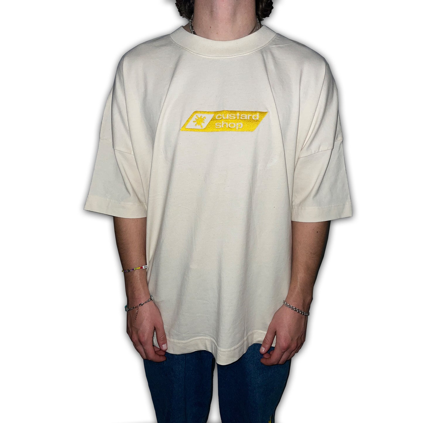 Custard Shop Embroidered Box Logo Tee | Beige Custard Shop Official