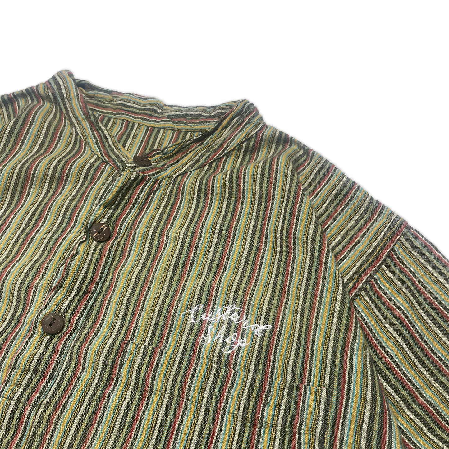 Custard Reclaimed Stripe Grandad Collar Shirt | Size Medium