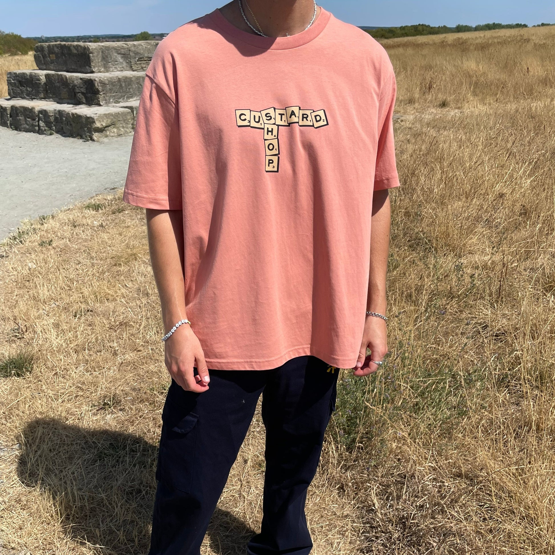 Custard Shop Official Scrabble Style T-Shirt | Salmon Pink Custard Shop Official